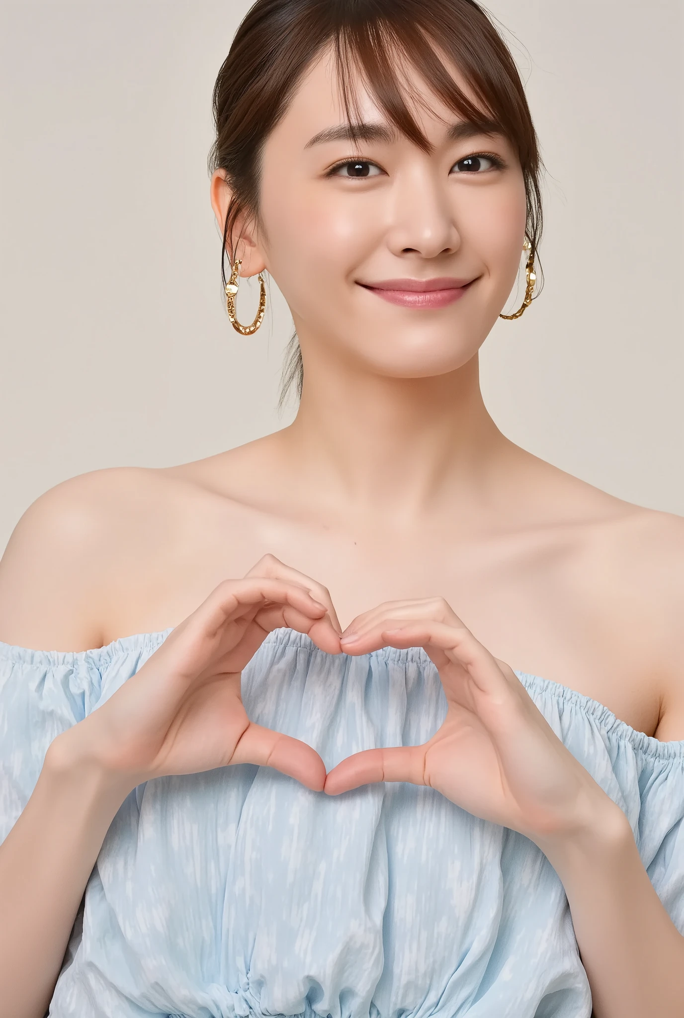 A smiling woman poses alone wearing off-the-shoulder pajamas in pastel colors that convey warmth simply by touching them softly and softly, making a firm, large heart shape with both hands, and holding them in front of her chest, View above collarbone、The background is a monotone 、
