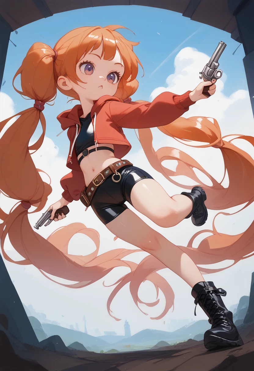 Young adult girl, tight shiny reflective bike shorts, crop top hoodie, very long twintails, fishnets, garther belt harness, thick leather boots, open legs, aiming a revolver