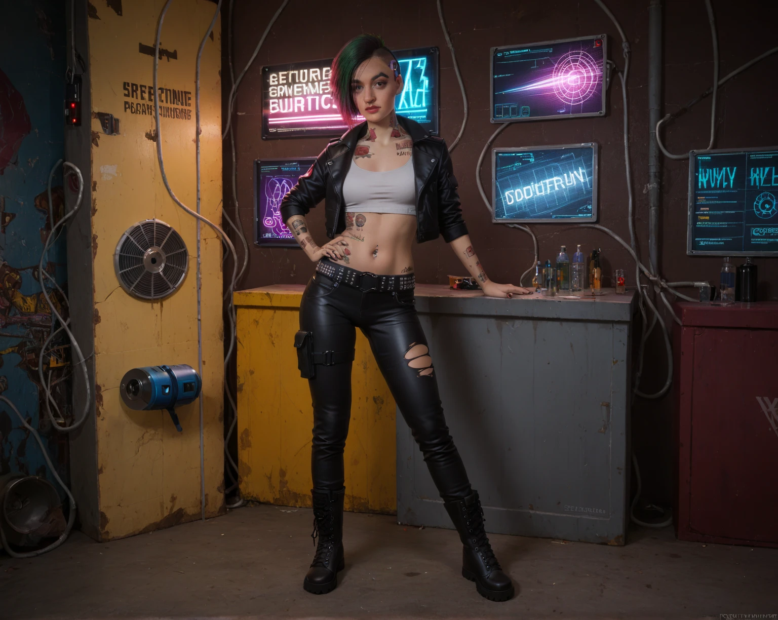 judy alvarez,  the iconic netrunner from the Cyberpunk 2077 ,  stands confidently in the middle of a ,  torn neon-infused nightclub ,  dimly illuminated surrounded by holographic advertisements and pulsing laser beams . Her striking features ,  including her sharp jaw , piercings green eyes ,  and cybernetic implants ,  are accentuated by the vibrant , futuristic atmosphere .  She wears an elegant ,  high-collar black leather jacket , paired with,  neon illuminated pants and heavy combat boots ,  that exude a sense of ,  High-tech sophistication .  The air is thick with the buzz of electronic music and the distant trill of holographic projections,  scene while Judy examines her Club , ,  her intense and calculating gaze  ,  ready to face the night .