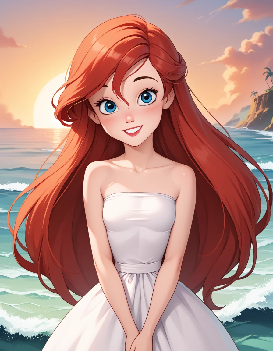 score_9, score_8_up, score_7_up, DisneyAriel, 1girl, red hair, blue eyes, long hair, looking at viewer, on a white strapless off the shoulders ruffle maxi dress, standing on the beach, waves gently lapping at the shore, vibrant sunrise with pink and orange hues, relaxed and contemplative atmosphere, upper body, smile, both hands down