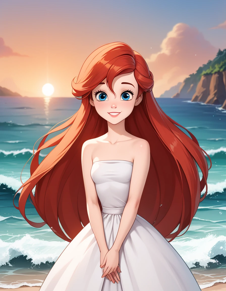 score_9, score_8_up, score_7_up, DisneyAriel, 1girl, red hair, blue eyes, long hair, looking at viewer, on a white strapless off the shoulders ruffle maxi dress, standing on the beach, waves gently lapping at the shore, vibrant sunrise with pink and orange hues, relaxed and contemplative atmosphere, upper body, smile, both hands down