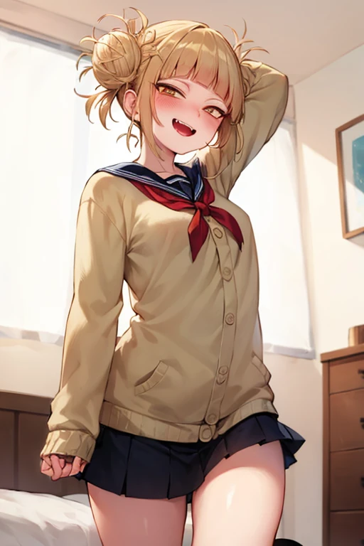 score_9, score_8_up, score_7_up, score_6_up, source_anime, BREAK 1girl, kronya, grey skin, short hair, hair over one eye, facial mark, large breasts, nipple slip, serafuku, white t-shirt, short sleeves, pleated skirt, closed eyes, happy, leaning forward, blue sky