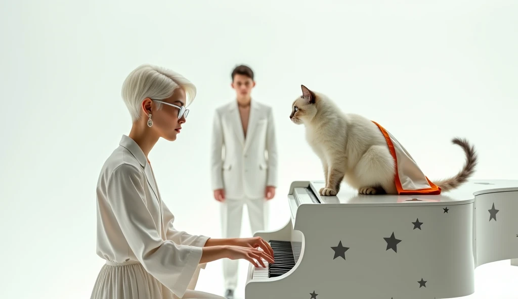 The lady with a futuristic ermine sitting on a swing with the futuristic sky without the cat in a futuristic outfit
