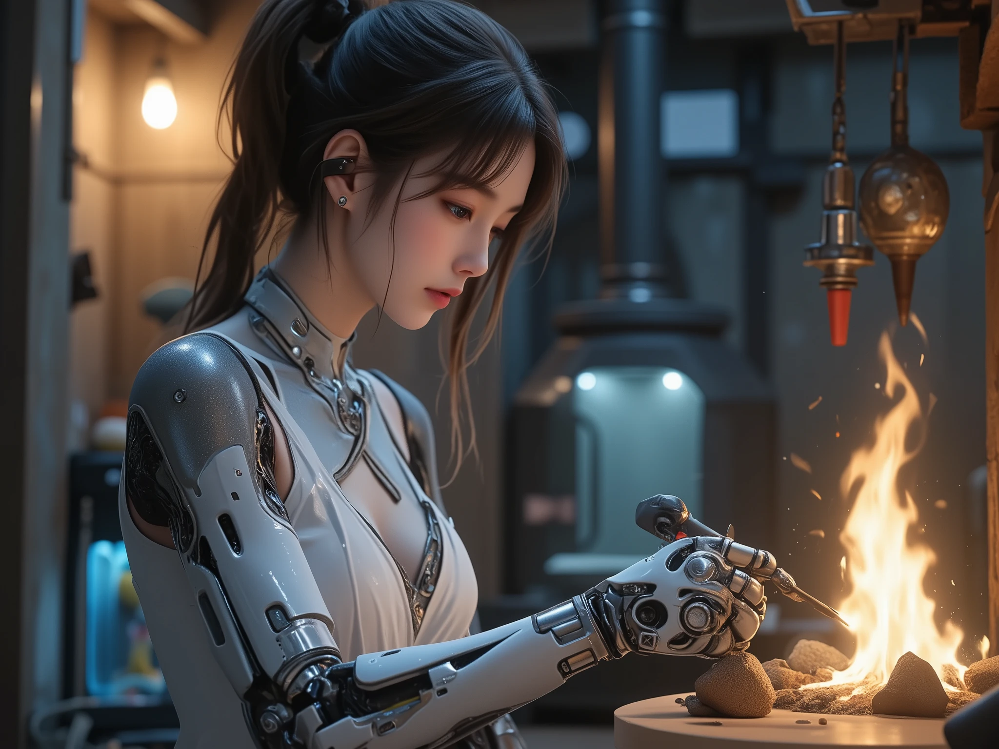 High definition Photography, (Beautiful Female Japanese face), (Beautiful cup-A small chests), (white pale skin), (robotic arm, silver hand, Prosthetic part and cyberware accessories), (wearing pretty mediva dress), doing mechanical with tiny robotic tools at small cabin, fire place around, at night, 