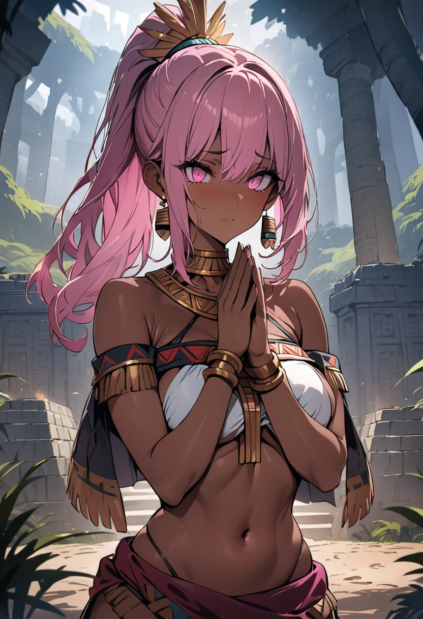 ((Best Quality)), ((masterpiece)), (detailed), 1 woman, pink hair,  pink eyes, dark skin,  ponytail, wearing Aztec clothing, exposed skin, navel, ((religious pose)), Aztec earrings, Aztec jewelry, raising a heart with her hands, the background is the top of an Aztec temple in a forest,