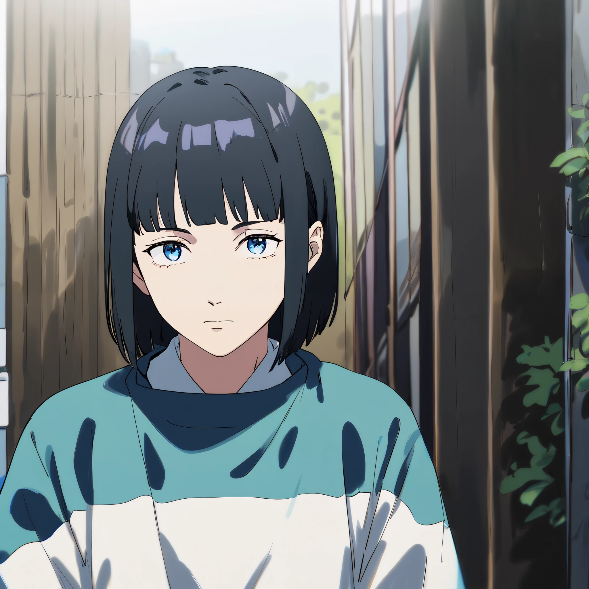 japanese, boy, bob cut, layered bob cut, black hair, short bangs, straight bangs, blue eyes, anime scenario