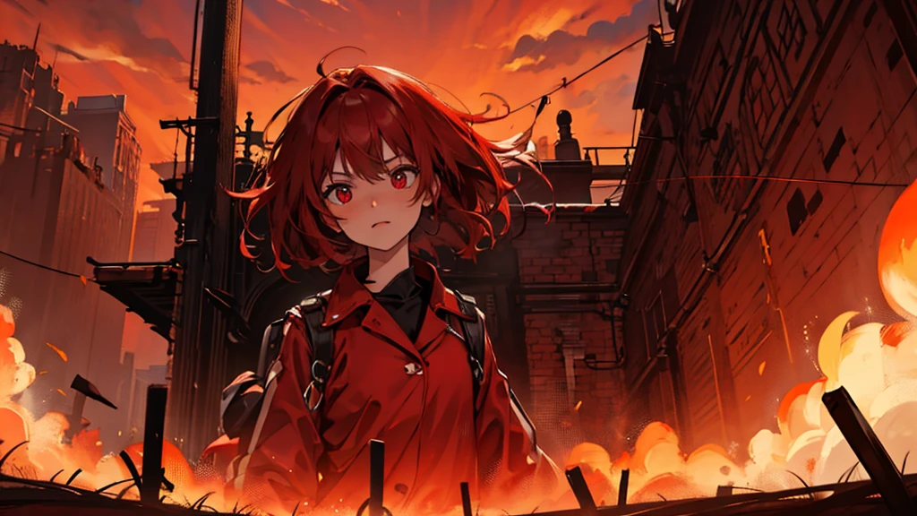 ultra-detailed,illustration,1girl, beautiful, pretty, a small amount of blood on the face,clear eyes,soldier with red hair holding a submachine gun,battlefield background,red banner,night,sparks and explosions,There are fighter planes flying in the sky