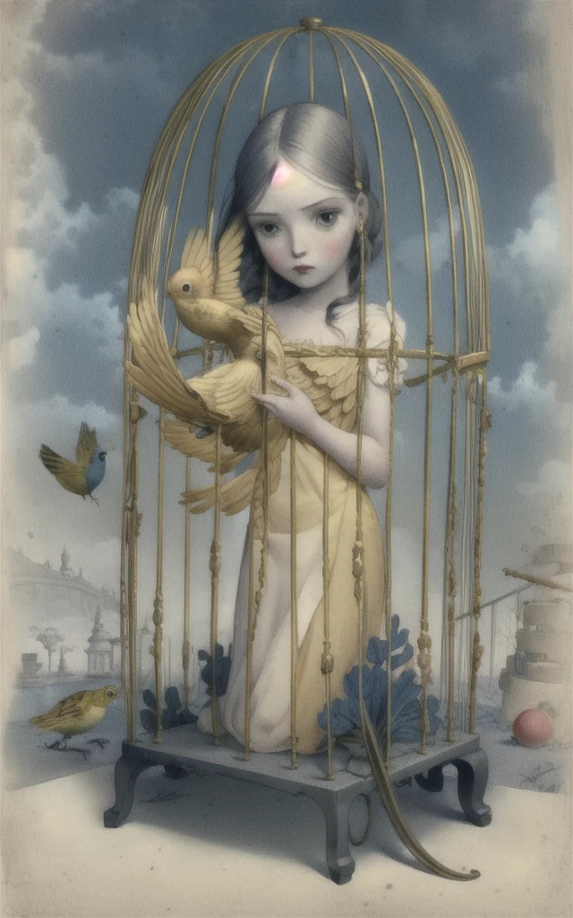 a girl holding an bird in a golden cage
