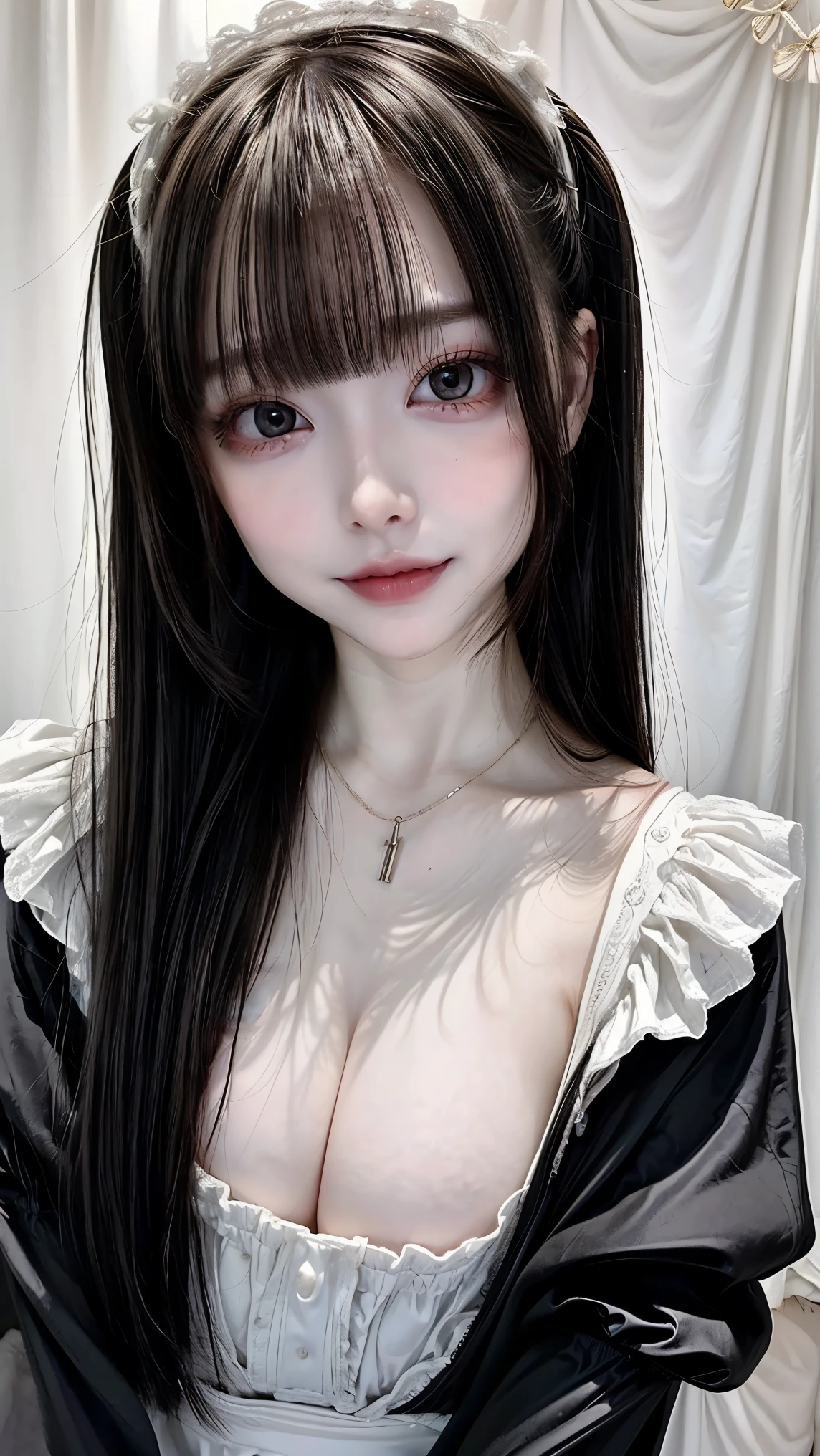 ( long bangs :1.5),(Exposed skin:1.3),(Look at your face up close  :1.3),(Accuracy:1.4),(4K quality:1.3),( best quality:1.5),(Whitening:1.6),( Beautiful skin in NFSW :1.4),(10th Generation:1.5),(baby face:1.5),( Ultimate beautiful girl:1.5),(Arisa Hanyu:1.4),rich,  upper body,smile,(Visuals are the best:1.3),(sound:1.6),(transparency:1.2),(  gothic lolita:1.3),( deep v-line without strings :1.3),(  jewelry:1.1),(Con Cafe),(  supermodel  ),( night viewの良いホテル:1.1),(luxury:1.2),(Arisa Hanyu:1.5),(Anorexia:1.4),( night view:1.3),( Face That Doesn't Make You Feel Dissonant :1.5),Catchlight,( An Extraordinary Beauty :1.2),(smile:1.1),( half up hair:1.3),(  bright blue eyes ),(2D cuteness:1.5),(Cute Makeup),Beautiful fingertips,(  pretty white skin :1.3),(Light hits the subject:1.3), best shot 