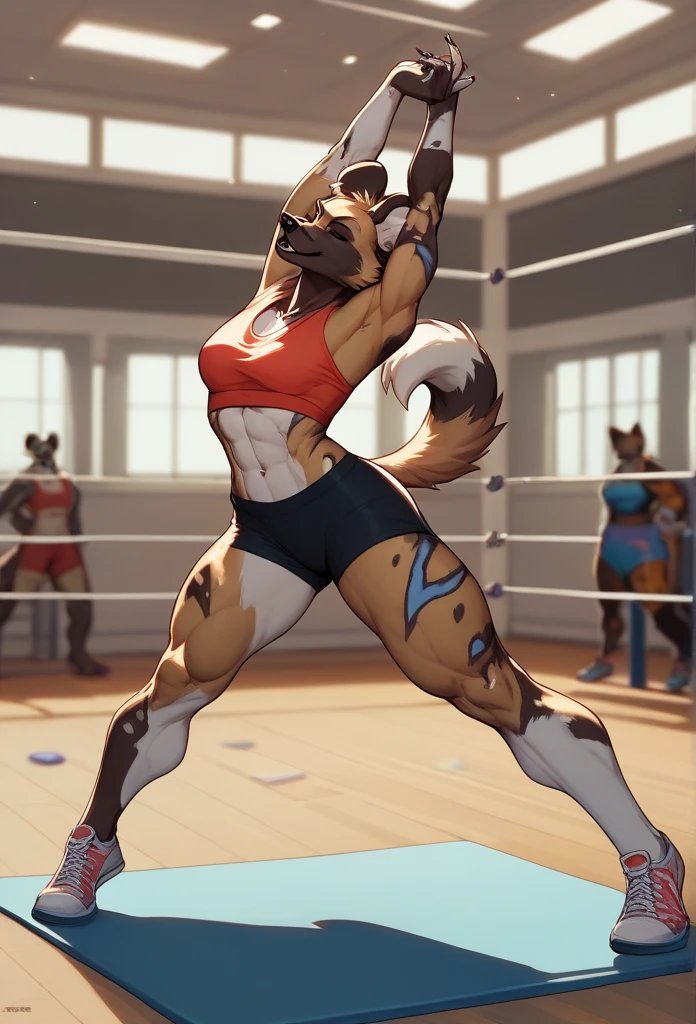 Detailed picture of a dominant female anthro, (otter, glossy fur,) in a boxing match, trending on Art Station, Ross Tran, ruan jia, foxovh, ((standing victorious, sassy expression, hands on hips, sweating, wearing sporty black and purple clothing, panties, boxing gloves, wearing a wrestling championship belt,)) (((dynamic lighting, POV on the floor, view from below subject)))