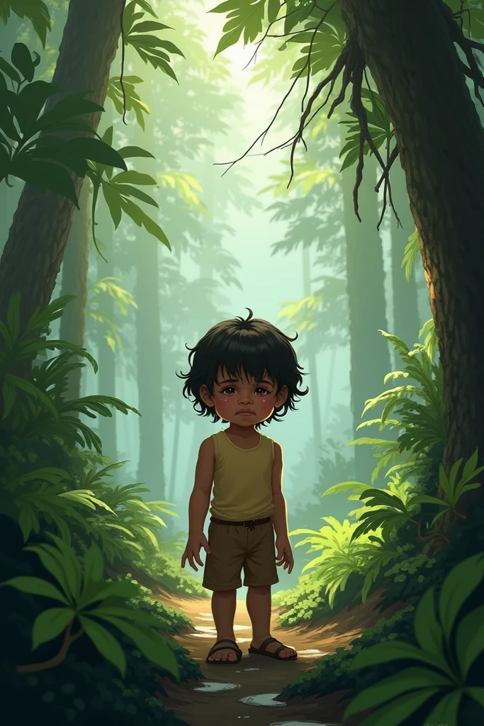 Black haired boy barefoot in the sun