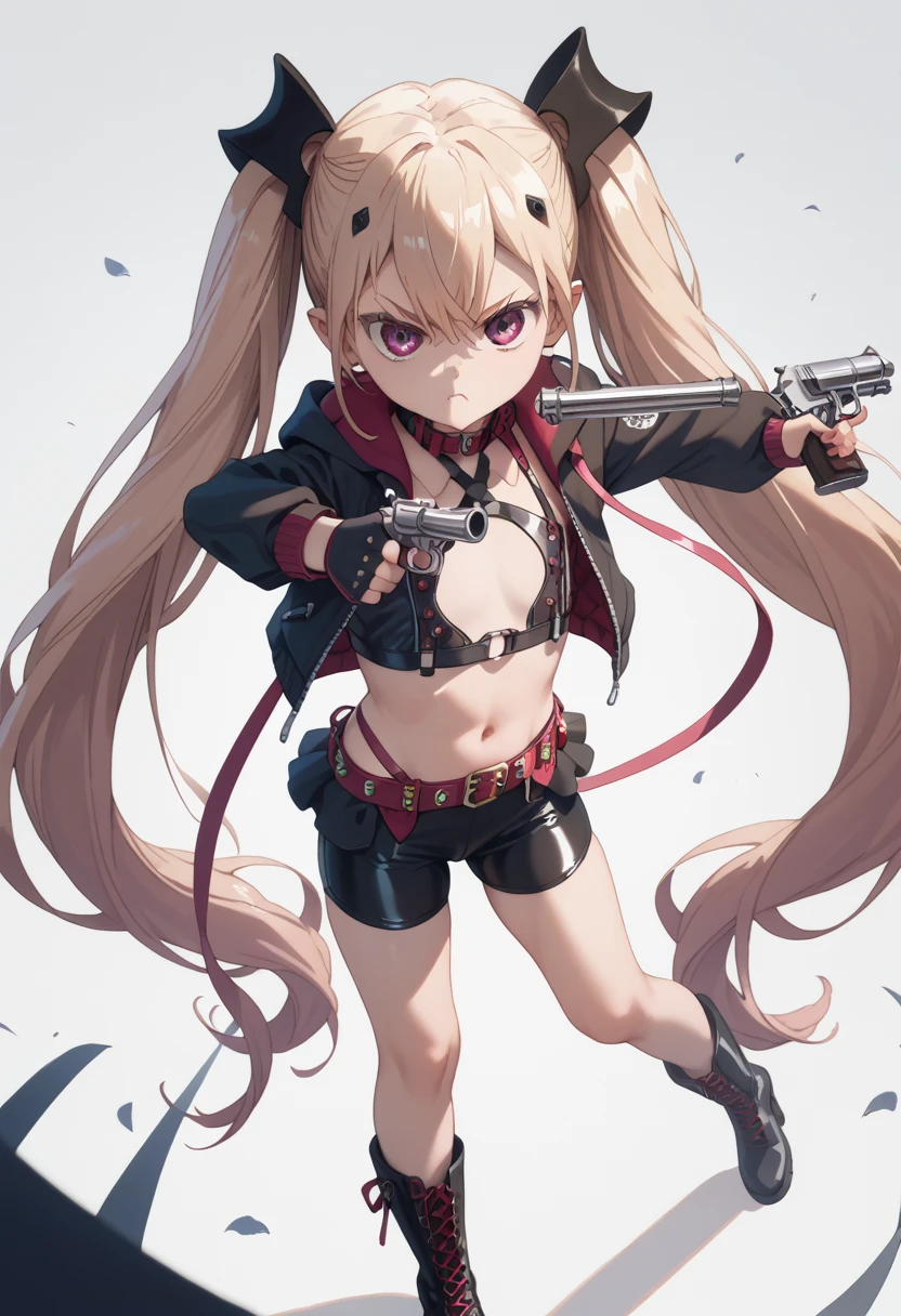 Young adult girl, tight shiny reflective bike shorts, crop top hoodie, very long twintails, fishnets, garther belt harness, thick leather boots, open legs, aiming a revolver