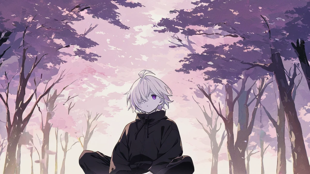  High resolution,  anime-style boy character .  with white hair and purple eyes,  white skin , wearing ordinary black clothes sitting on a sakura tree with a forest of the same tree in the background