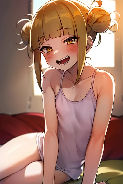 Generate an image of Honami Mochizuki from Project Sekai. She is a high school student with long, straight hair in a blonde color.,with a slight curl. Her side hair is shorter and also slightly curled.Often, has big, gentle red eyes and a warm, friendly expression.nsfw,steam,small breasts,sweat,1girl,Gradient with pink tips,close to viewer,1boy,penis,vaginale,(sex1.5),woman on top,open mouth, trembling,feeling weak,Completely naked,cum on pussy,Twin tails, smile