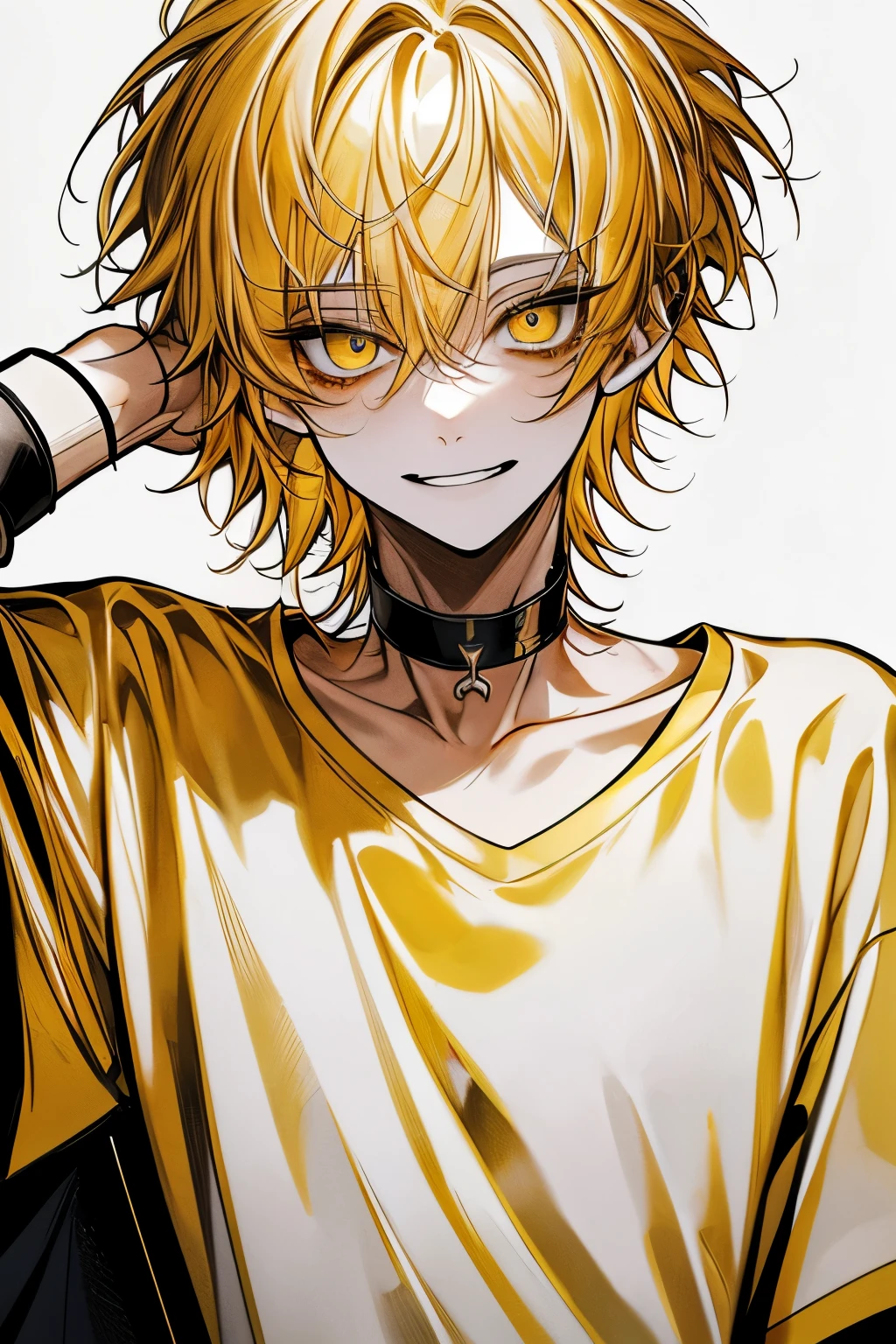 Top Quality, masterpiece, high resolution, 8k, male, yellow hair , Yellow eyes , White T-shirt, white background with nothing, Laughing face, Cover your mouth with your hand, , black choker inside the lab