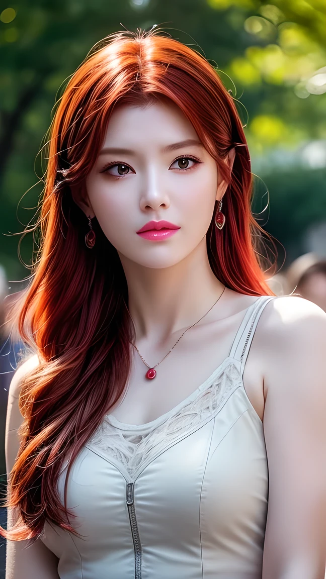 masterpiece, light makeup, red lips, red hair, messy long hair, pure background, beautiful, elegant. Ultra-fine details, masterpieces, realistic textures, realistic cinematic lighting, perfect work, 8k, HD, delicate facial features, bikini