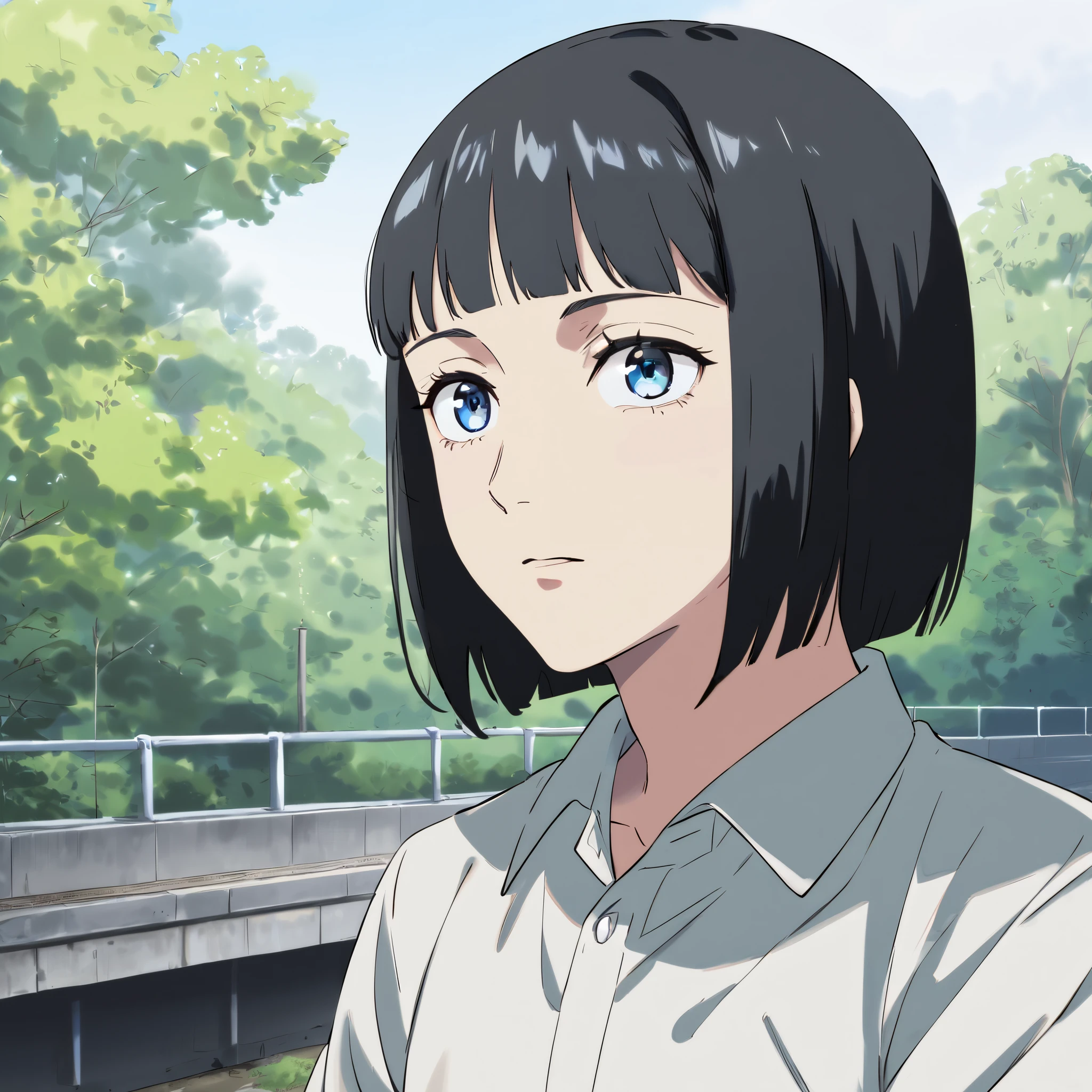 japanese, femboy, bob cut, layered bob cut, black hair, short bangs, straight bangs, blue eyes, anime scenario