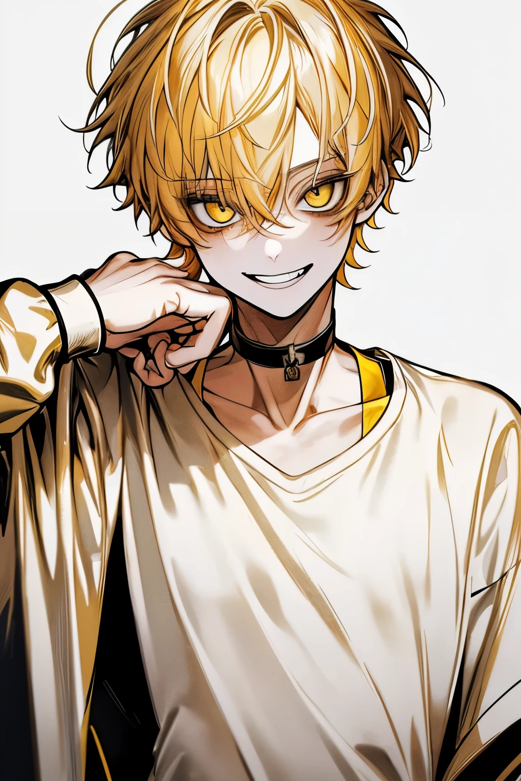 Top Quality, masterpiece, high resolution, 8k, male, yellow hair , Yellow eyes , White T-shirt, white background with nothing, Laughing face, Cover your mouth with your hand, , black choker inside the lab