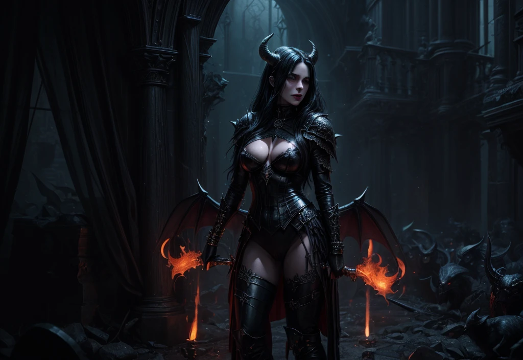 Dark fantasy style art, extremely detailed artgerm, artgerm detailed, dark fantasy art, concept art | artgerm, style artgerm, gothic fantasy art, in style of dark fantasy art , ((Top Quality: 1.4))), (Unparalleled Masterpiece), (Ultra High Definition), (Ultra-Realistic 8k CG), official art, (((Solo))), (((large ))), (((large round fake breast))), attractive posing, (((Looking at the camera))), (((NSFW))), female gladiator, beautiful face, Beautiful eyes, (((beautiful face))) Beautiful mouth, highly detailed armor, (((Solo))), (demon horns), temptation, taking your soul, fit skinny body and hips:1.5, pale skin:1.6, Full body pose, (high fantasy battlefield environment), HD, (skin texture:1.1), best quality, ultra high res, backlight, rimlighting, studiolighting, night light, cinematic, work of art, ultra wide shot, photorealism, dark fantasy art, dark fantasy art, gothic art, many stars, dark fantasy art, gothic art, sense of dread, ((hugefaketits:1.5))