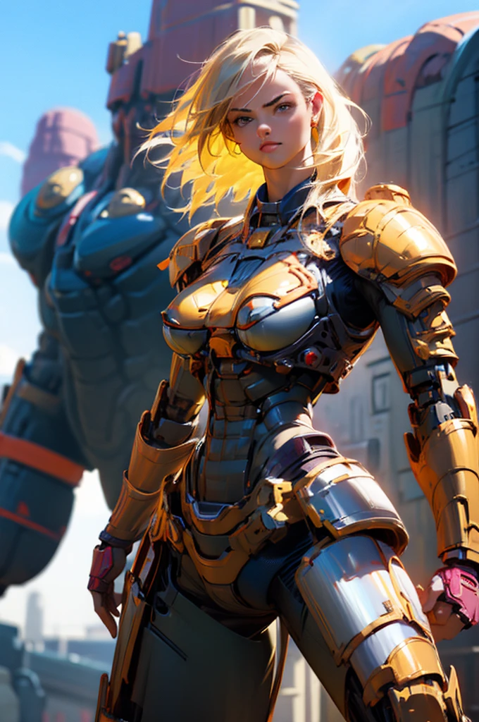  1 mature woman having a fight,photorealistic,  high definition , Soft light,1 Female, Alone,  Hip Up, ( detailed face ), blue sky,  Metallic Red Mechanical Armor, Silver Plated Machine Parts ,  big enough to stick out of her body ,  Hard erect pink nipples ,  tight waist with abs , Big round butt ,  Beautiful Pink Pussy , Groomed pubic hair,  beautiful balanced body line ,  round, egg-shaped, smooth face line , Full size shot, The abdomen and thighs are exposed from armor, Anatomically correct , Her knee-to-head frame ,  looking at the camera, 