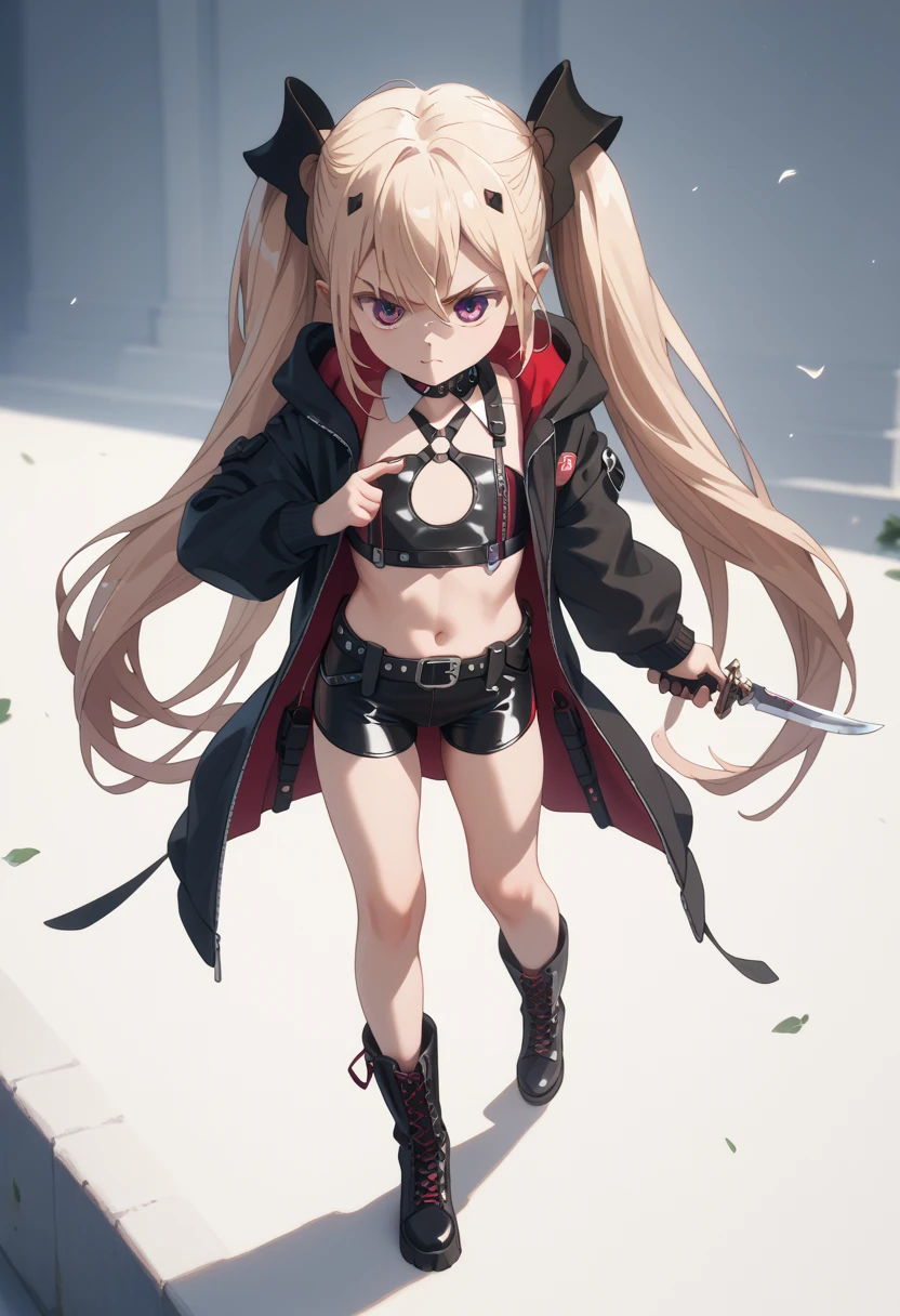 Young adult girl, tight shiny reflective bike shorts, crop top hoodie, very long twintails, fishnets, garther belt harness, thick leather boots, open legs, aiming a dagger, getting grabbed