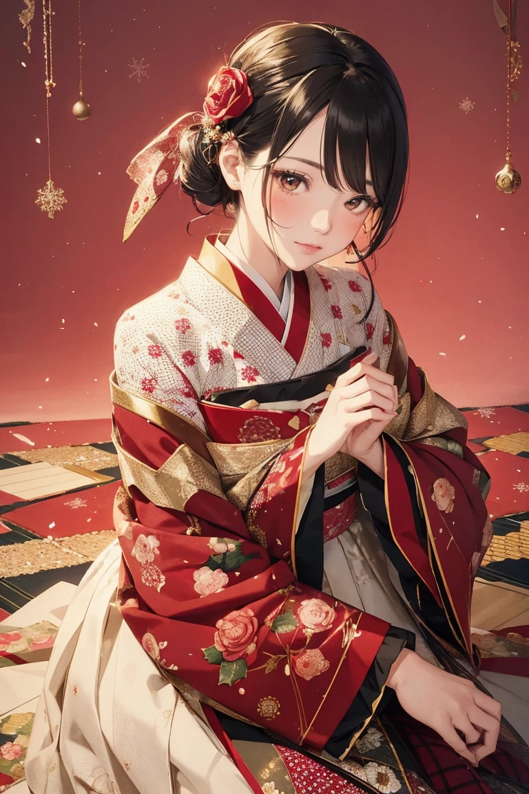 Master Pieces,hyper quality, Hyper Detailed,Perfect drawing,独奏、Beauty in the world、Komono、Sagging Japanese dresses、Japanese hair、Colorful Japan kimono、Nishijin Ori、Delicate and smart eyes、Half-open lips、sidelong glance、Graceful、Gorgeous、red blush(0.2)、Dazzling、Stunning、Gorgeous、Gentle、Shunguang、natural soft light、Flowers and Birds Fugetsu、traditional Japanese room、Accurate drawing、Detailed drawing、