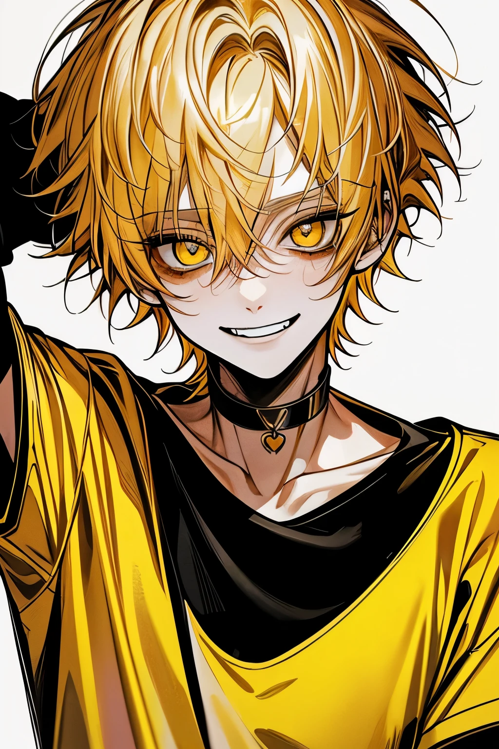Top Quality, masterpiece, high resolution, 8k, male, yellow hair , Yellow eyes , White T-shirt, white background with nothing, Laughing face, Cover your mouth with your hand, , black choker inside the lab