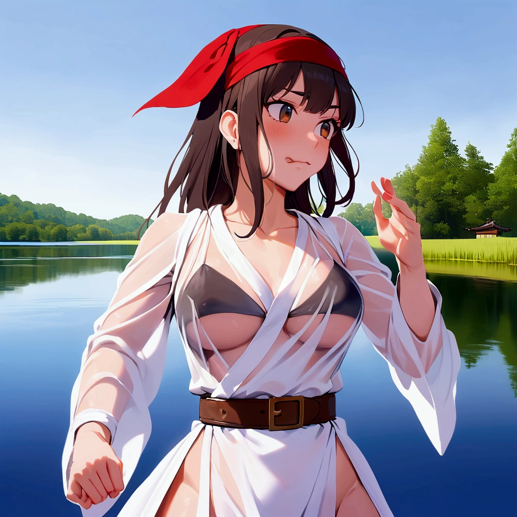 Lake Izu,((Highest quality)), ((masterpiece)), (be familiar with), One female,(Small breasts),Long Hair, Brown Hair, Brown eyes,Exposing shoulders,((Erect nipples))