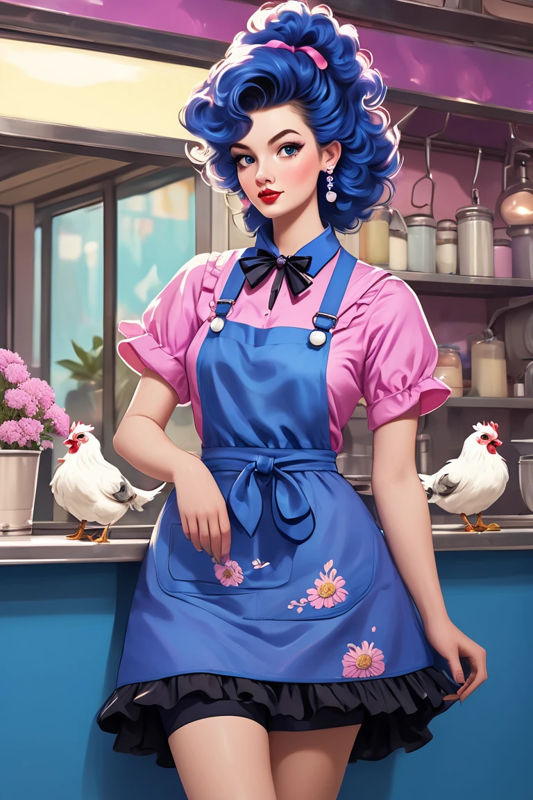 arrogant female Paint Silkie Chicken with blue feathers. The Chicken's hairstyle with a blue Franz Schubert curly hairstyle. There is a hot pink ribbon necklace hanging around the chicken's neck. sleeveless purple top paired, paired with black pants that have white daisies at the bottom. this, they have a long brown apron-like garment that's open in the front. retro aestethic.diner. milkshake. 1950s fashion. in an 2D webtoon style.