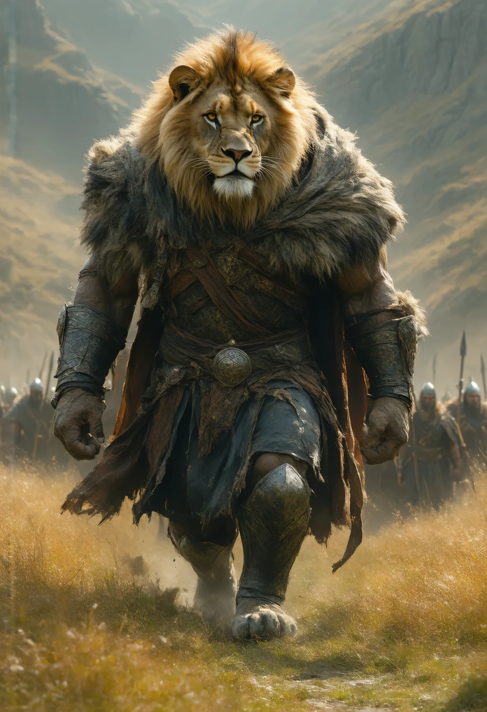 A very majestic werelion, strong and very muscular, in a forest of dry grass, dominant and angry, fearless of anything, in an area of ancient indigenous people running. Large size, eyes radiating anger, gray fur, He wears the fur robe of an ancient Viking warrior