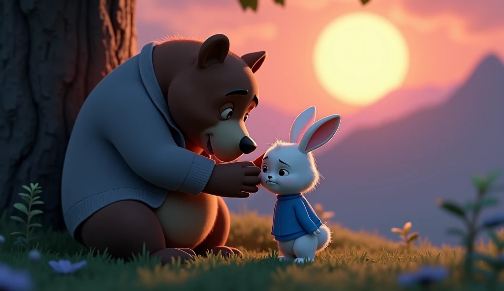 The bear wearing a black hoodie is flirting with the white rabbit in a dress.