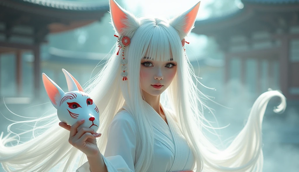 Create a hyper-realistic, detailed image of a beautiful, mystical Japanese woman with long, flowing white hair, dressed in a traditional white Japanese dress. She has fox-like ears and holds a plastic kitsune mask with intricate red markings in one hand. Her eyes are piercing and enchanting, framed by delicate facial features. She is surrounded by a swirling, hazy white mist, with flowing, fine fabrics adding to the dreamlike atmosphere. Her expression is calm yet intense, with sharp, piercing eyes and delicate facial features. Her hair is elegantly styled with intricate ornaments, blending seamlessly with the mysterious, misty backdrop of an ancient temple or pavilion. The overall tone should be serene, mysterious, and magical, with a strong emphasis on flowing movement and soft lighting.