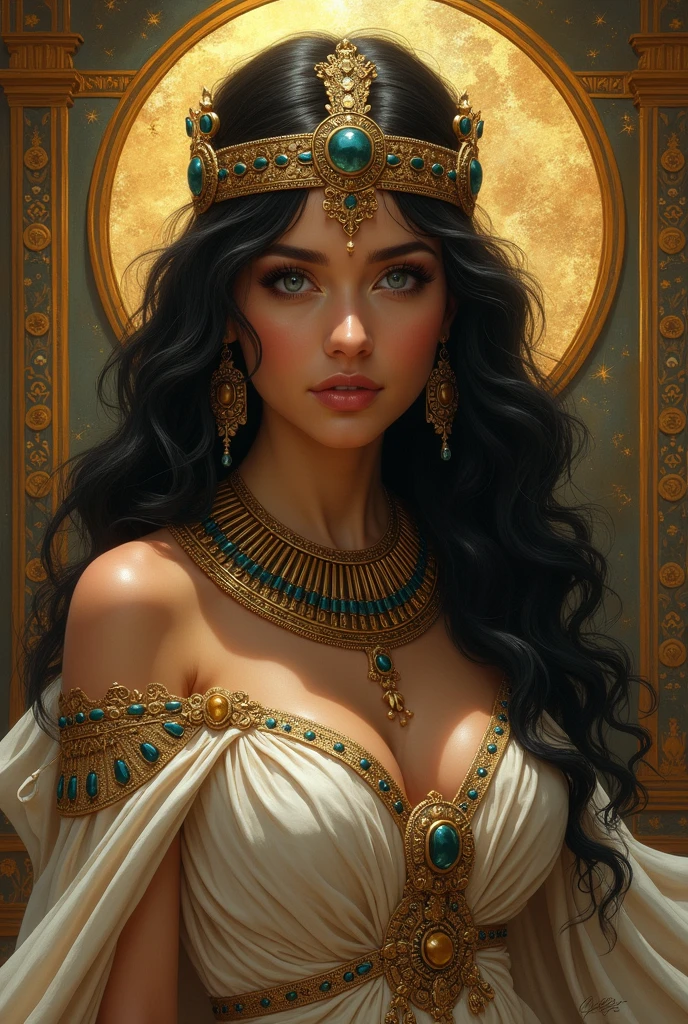 portrait Camila Cabello, wearing cleopatra costume, against the background of the island, character portrait, 6 9 9 0 s, curly hair, intricate, elegant, highly detailed, digital painting, artstation, concept art, smooth, sharp focus, illustration, art by wlop, charlie bowater and alexandra fomina, 36k, glittering, shining