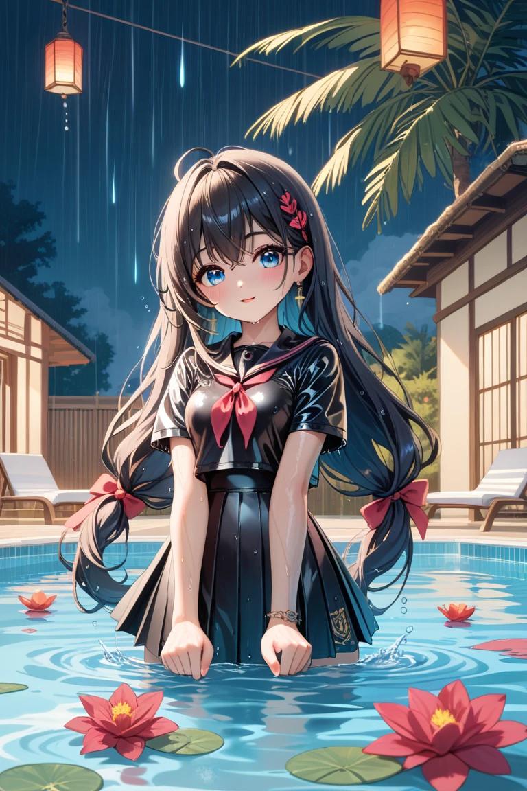 (Best quality),Beautiful face with detailed,(High resolution human skin texture details),Outdoor pool at night,(Heavy rain),Alone,Focus on face,Light from front,(Cute high school girl very wet submerged in water up to waist),((Very wet and transparent, dripping water, {tight fitting}, {all made of black fabric}, {short sleeves}, small size, very very thin black rubber sailor suit)),((Very wet and transparent, dripping water, black super mini, dripping water, very very thin black pleated skirt)),(Water drops dripping from the whole body),Casual standing posture, Worrying about the hem of her skirt,(Shy smile: 0.5)),(Mid-shot: 0.5),Small breasts,(Blue eyes, light on eyes),(Very wet black hair, semi-long hair tied up),Full body view from front,Depth of field,Anime style