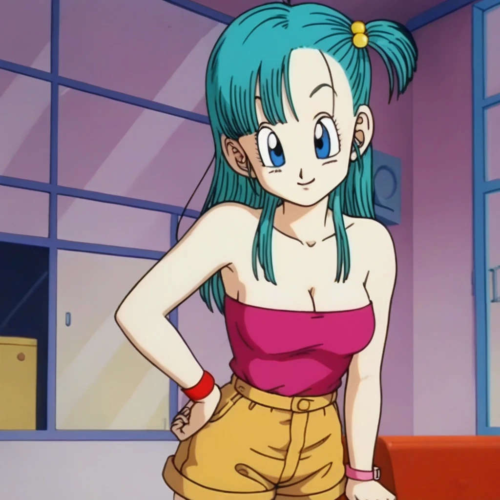 source_anime, score_9, score_8_up, score_7_up, anime screencap, bulma \(dragonball\), long hair, one side up, fringe_trim, aqua hair, blue eyes wristwatch, pink tube top, cleavage, bare shoulders, strapless, hair bobbles, wristband, brown shorts, collarbone, indoor room, window, pink couch, smile, looking at viewers, posing, both hands down
