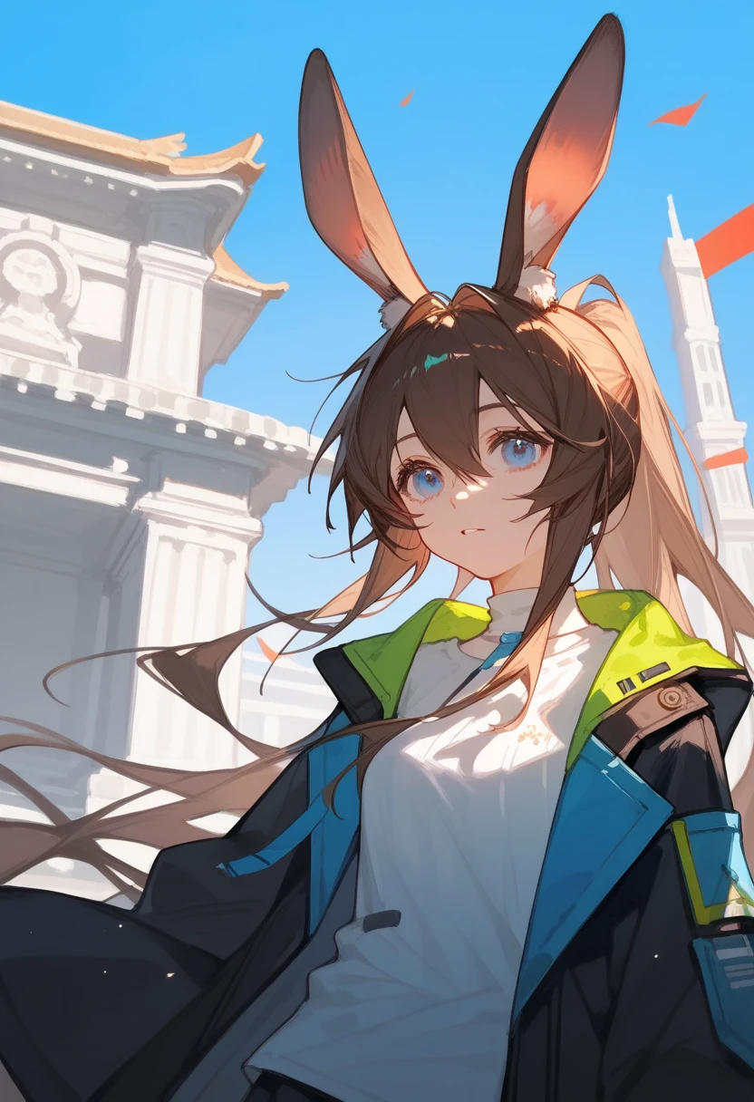 (Fraction_9,Fraction_8_up,Fraction_7_up,Fraction_6_up,Fraction_5_up,Fraction_4_up)
girl, Amiya_\( tomorrow's ark \), rabbit_ear, brown_hair,  blue_Eye, hair_between_Eye, Long_hair, rabbit_girl,  ponytail, black_jacket, Long_sleeve, White_shirt, temple, Open_jacket, Very_Long_hair 