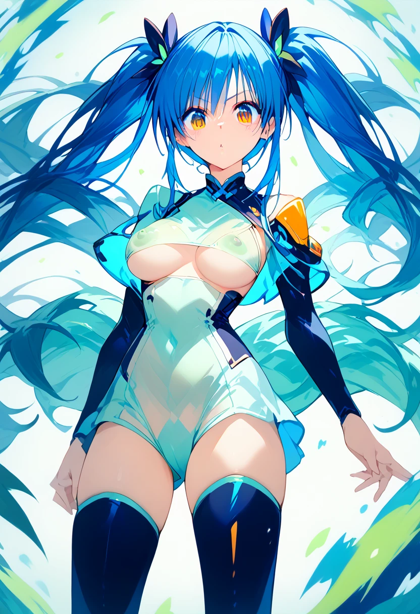 Boob Rays ,Glowing Blue Bloom Hair , Exposure Clothes ,Cyber Suit, dynamic action pose,Poses that emphasize boobs with both hands, pie pan, CELL SHADE ANIMATION STYLE ,（  Beautiful Girl Who Defeats Monsters by Emitting Extremely Dark Light from Her Nipples）,  USING Hands Wide Open to See Her Breasts  ,Strong expression,Raise your eyebrows, dynamic poses,Lightning Blue Hair , twin tails, WHITE CONE HAIR CLIP ,GREEN LIGHT PARTICLES  are emitted from the hair,GREEN LIGHT PARTICLES ,