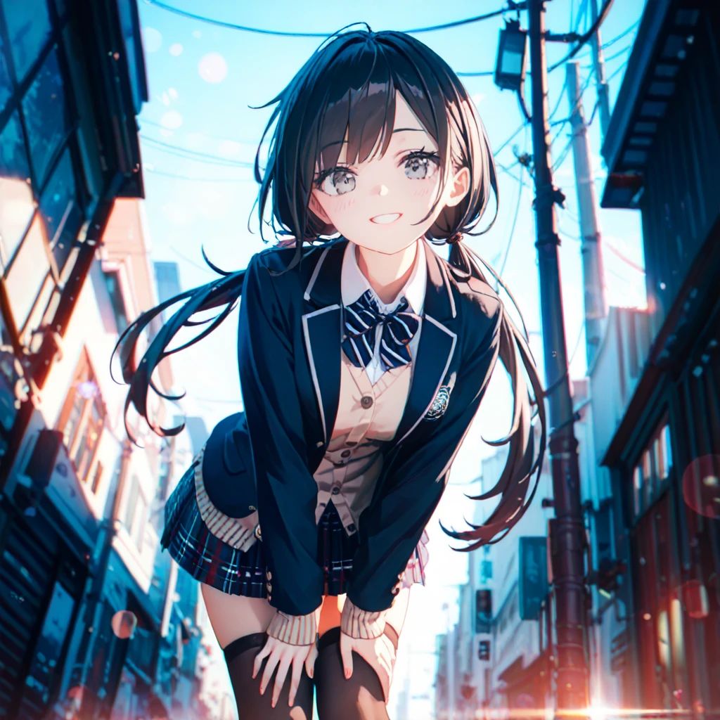mignon fille d'anime avec des yeux bleus profonds, cheveux noirs courts, Cardigan pastel avec uniforme scolaire