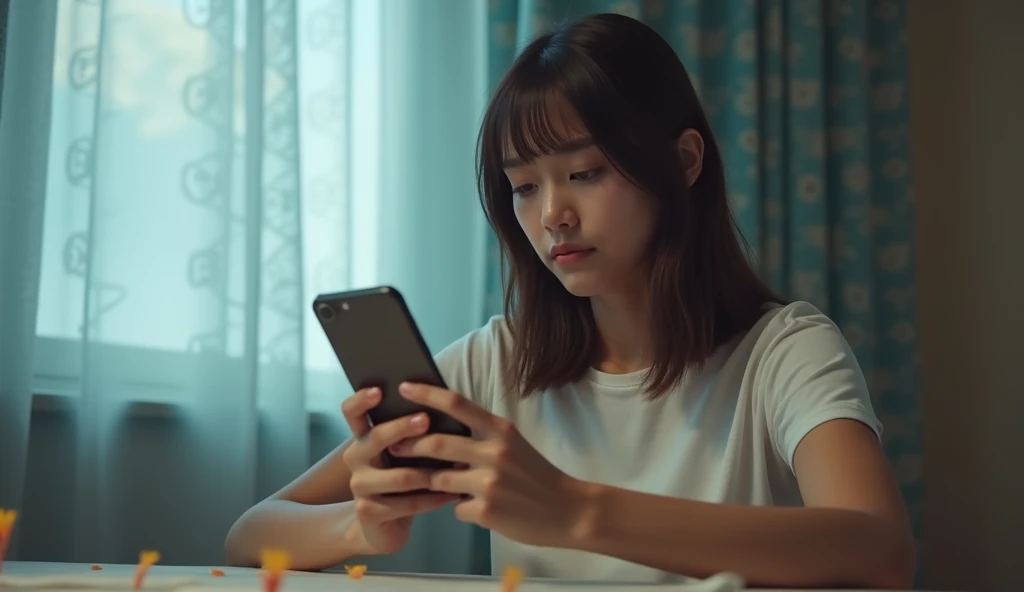 A highly realistic and detailed image of a young woman sitting at a table, holding an iPhone 15 in her hand while looking at it with a sad and introspective expression. She is wearing a simple white t-shirt, with her straight hair falling naturally over her shoulders. The setting includes soft, diffused lighting from a window covered by sheer curtains, creating a peaceful and reflective atmosphere. In the background, there are patterned curtains and a subtle wall texture, while the foreground includes a blurry table with small, everyday objects to add depth and realism. The color tones are muted, with soft blues and warm beiges dominating the scene, creating a calm and contemplative atmosphere. uhd, realistic, cinematic, Sony A1 Mark II.