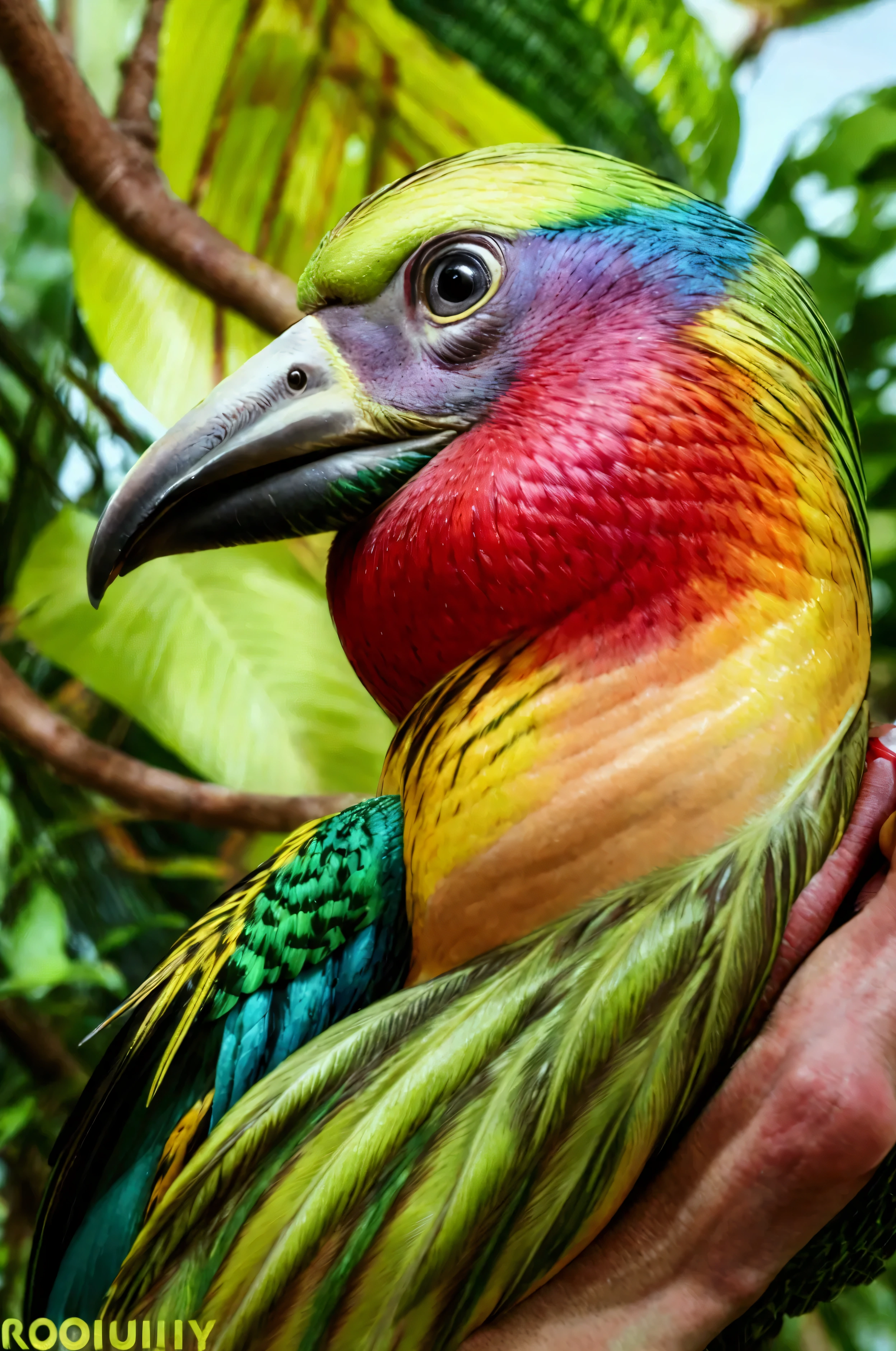 a tropical bird with a large colorful beak, sitting on a branch in a lush green jungle, detailed feathers, vibrant colors, photorealistic, (best quality,4k,8k,highres,masterpiece:1.2),ultra-detailed,(realistic,photorealistic,photo-realistic:1.37),intricate details,dynamic composition,dramatic lighting,cinematic mood,vivid colors