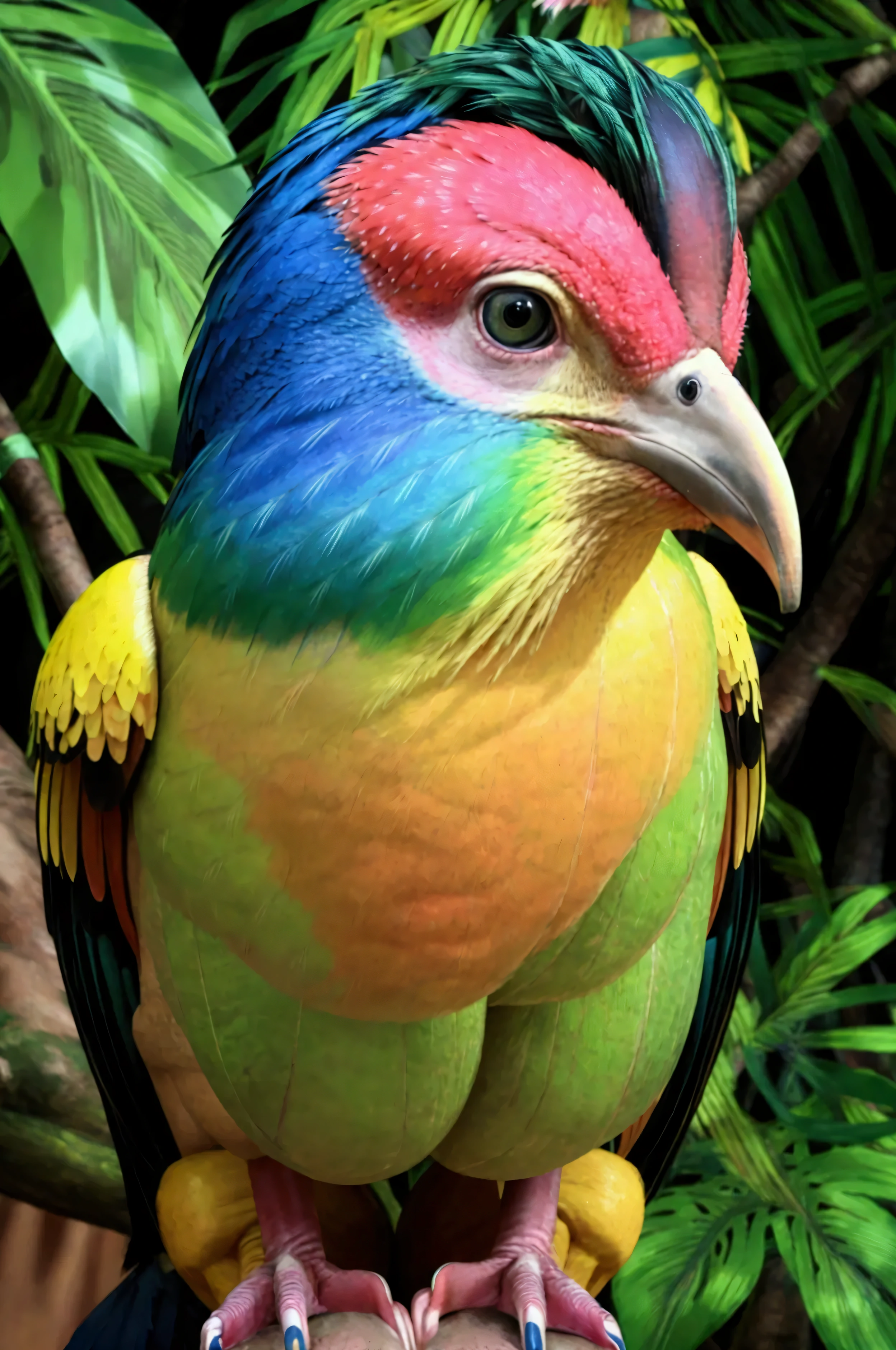 a tropical bird with a large colorful beak, sitting on a branch in a lush green jungle, detailed feathers, vibrant colors, photorealistic, (best quality,4k,8k,highres,masterpiece:1.2),ultra-detailed,(realistic,photorealistic,photo-realistic:1.37),intricate details,dynamic composition,dramatic lighting,cinematic mood,vivid colors