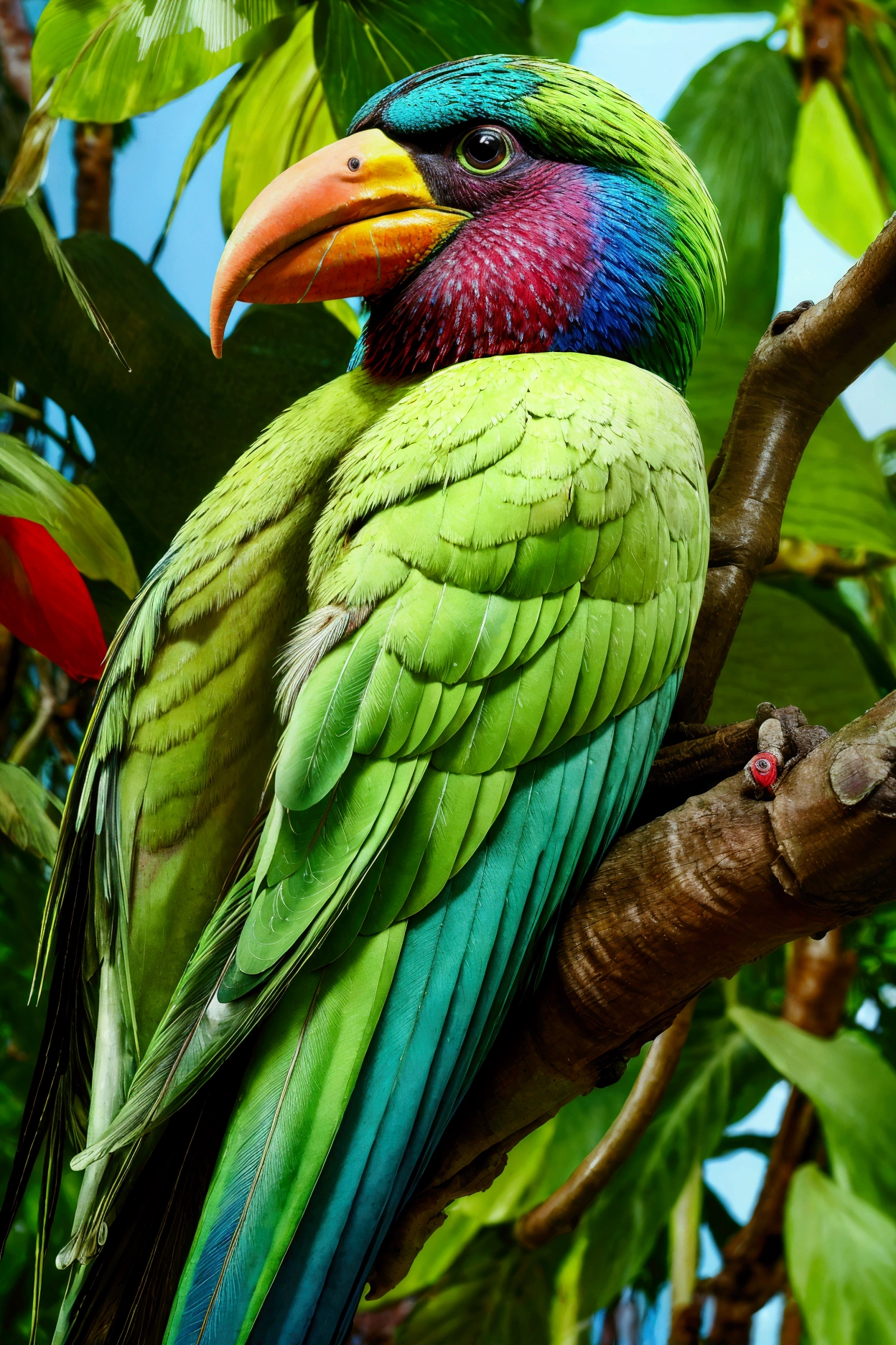 a tropical bird with a large colorful beak, sitting on a branch in a lush green jungle, detailed feathers, vibrant colors, photorealistic, (best quality,4k,8k,highres,masterpiece:1.2),ultra-detailed,(realistic,photorealistic,photo-realistic:1.37),intricate details,dynamic composition,dramatic lighting,cinematic mood,vivid colors