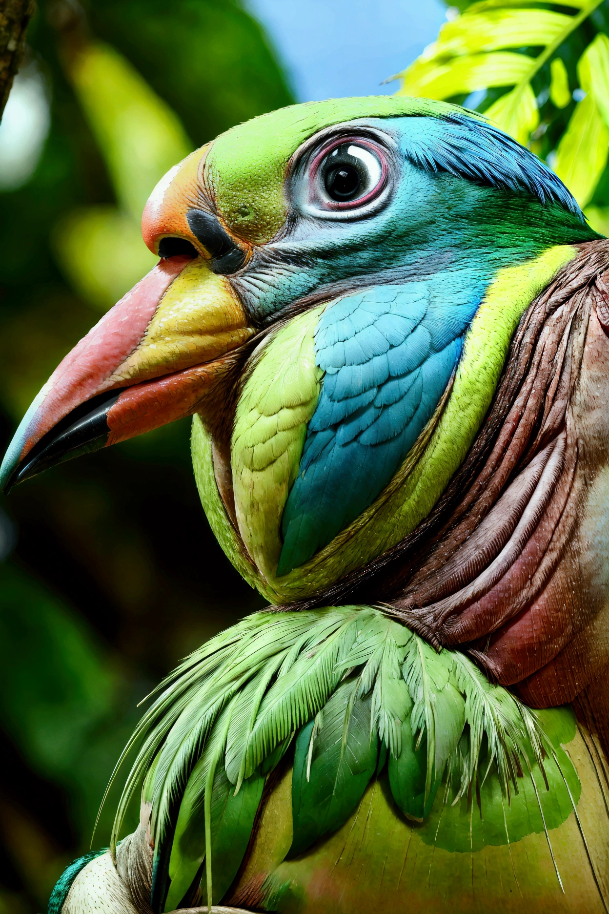 a tropical bird with a large colorful beak, sitting on a branch in a lush green jungle, detailed feathers, vibrant colors, photorealistic, (best quality,4k,8k,highres,masterpiece:1.2),ultra-detailed,(realistic,photorealistic,photo-realistic:1.37),intricate details,dynamic composition,dramatic lighting,cinematic mood,vivid colors