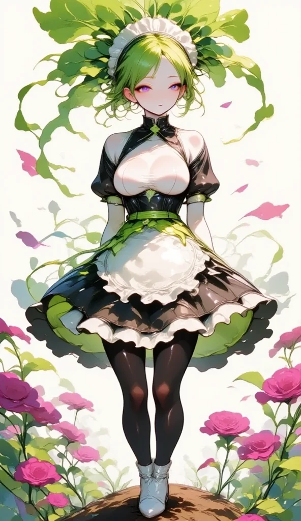  young beautiful woman in costume with white radish motif,( best quality, very detailed depiction , incredibly absurd high definition ),(Black and white gothic maid outfit,Maid Skirt, corset,latex, black tights,White boots),(green hair like radish leaves :2.0,Purple Eyes, half closed his eyes :2.0, grumpy expression:2.0,Black lips:2.0,Heavy makeup, big breasts, shiny skin), full body image :2.0, side view:2.0,profile:2.0,background:Castle, Bright Atmosphere , dramatic lighting ,