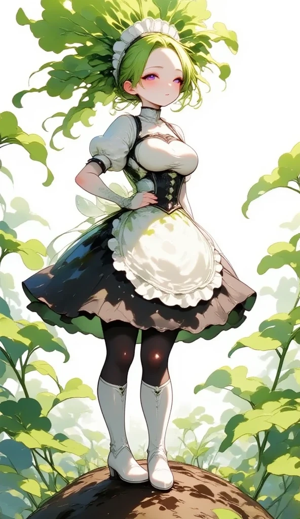  young beautiful woman in costume with white radish motif,( best quality, very detailed depiction , incredibly absurd high definition ),(Black and white gothic maid outfit,Maid Skirt, corset,latex, black tights,White boots),(green hair like radish leaves :2.0,Purple Eyes, half closed his eyes :2.0, grumpy expression:2.0,Black lips:2.0,Heavy makeup, big breasts, shiny skin), full body image :2.0, side view:2.0,profile:2.0,background:Castle, Bright Atmosphere , dramatic lighting ,