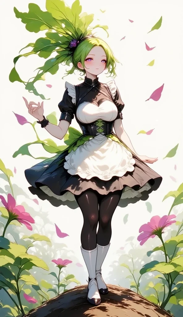  young beautiful woman in costume with white radish motif,( best quality, very detailed depiction , incredibly absurd high definition ),(Black and white gothic maid outfit,Maid Skirt, corset,latex, black tights,White boots),(green hair like radish leaves :2.0,Purple Eyes, half closed his eyes :2.0, grumpy expression:2.0,Black lips:2.0,Heavy makeup, big breasts, shiny skin), full body image :2.0, side view:2.0,profile:2.0,background:Castle, Bright Atmosphere , dramatic lighting ,