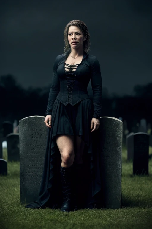 Photo of, 20 year old woman, slightly overweight, blonde pigtails, DD breasts, black Goth clothing, walking in a graveyard