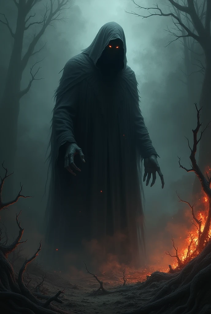 A black shadow ghost-like figure with sharp metal teeth and glowing yellow eyes wearing a black cloak in a foggy night forest, nightmare
