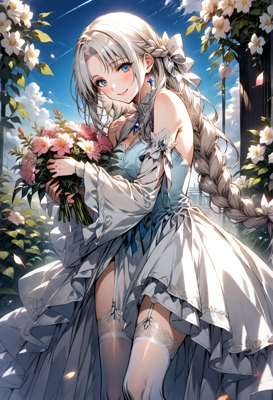 solo, girl, ((mature woman), motherly warmth, happy expression, soft warm look, looking at the viewer, white hair, long braid, bangs, blue eyes, Bare shoulders, white long dress, frills, wide sleeves, detached sleeves Thigh highs, white thigh highs, garter straps, white footwear, high heels White bow, white bow gem jewelry, Blue sky, flower, garden Standing