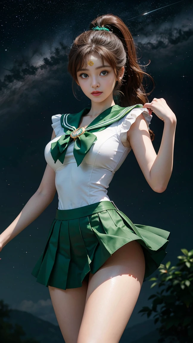   Masterpiece ,  It's high definition  ,8k resolution, It's high definition  model, Sailor Moon Jupiter ,  Beautiful Young Japanese Woman  ,1 person, Stunning High  , Little Smiles , Jupiter and Space Background  ,(  Green Sailor Warrior Uniform ),  Green Ultra Short Mini Skirt  ,  beautiful face, cute type,*********,Slightly round face,Beautiful green eyes,  big eyes,Obvious double, Sparkling eye highlights,   Big Natural Colored Lips   , Light brown long hair ,  ponytail,  Beautiful Asymmetric Bang  ,   Floating Hair Nova Frog Style,   super real,  anatomically accurate  , textured skin,   perfect figure  ,  beautiful legs,  thick thighs  ,Big Breasts, balanced figure,